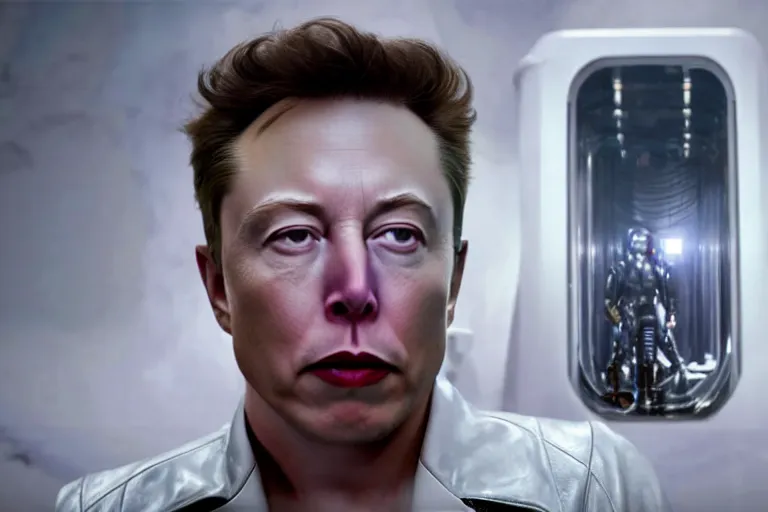 Image similar to hyperrealism aesthetic ridley scott and denis villeneuve style photography of a detailed hyperrealism elon musk, siting on a detailed futuristic toilet and scrolling his smartphone in hyperrealism scene from detailed art house movie in style of alejandro jodorowsky and wes anderson