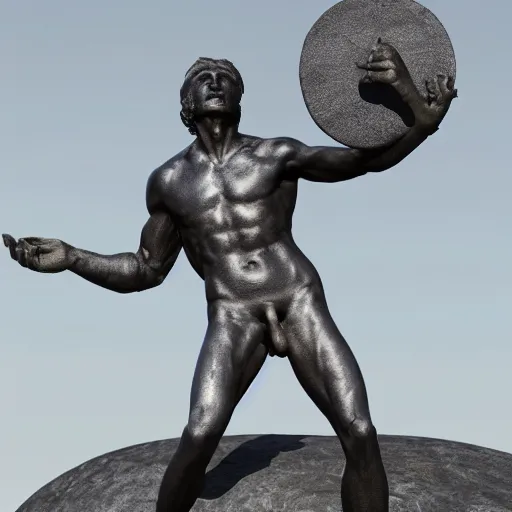 Prompt: the front view of a statue of a man, an arm extended, standing on a giant flying stone disc, 35mm lens, intricate, ultra detailed, photorealistic, trending on artstation, 4k, 8k
