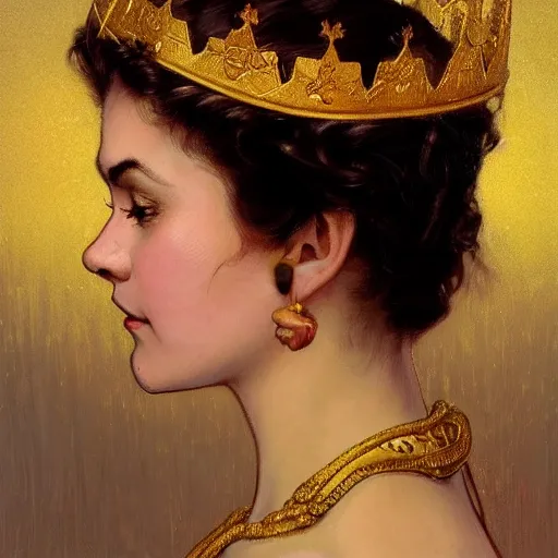 Image similar to left side portrait of a young queen with a golden crown, head only, headshot, royalty, surrounded by gold leaves by Stanley Artgerm Lau , greg rutkowski, thomas kindkade, alphonse mucha, loish, norman rockwell, J. C. Leyendecker. dark brown hair, mouth slightly open, thorn border around the image. D&D, fantasy. Trending on artstation rule of thirds extremely detailed render, extremely realistic, detailed lighting, octane hd 4k