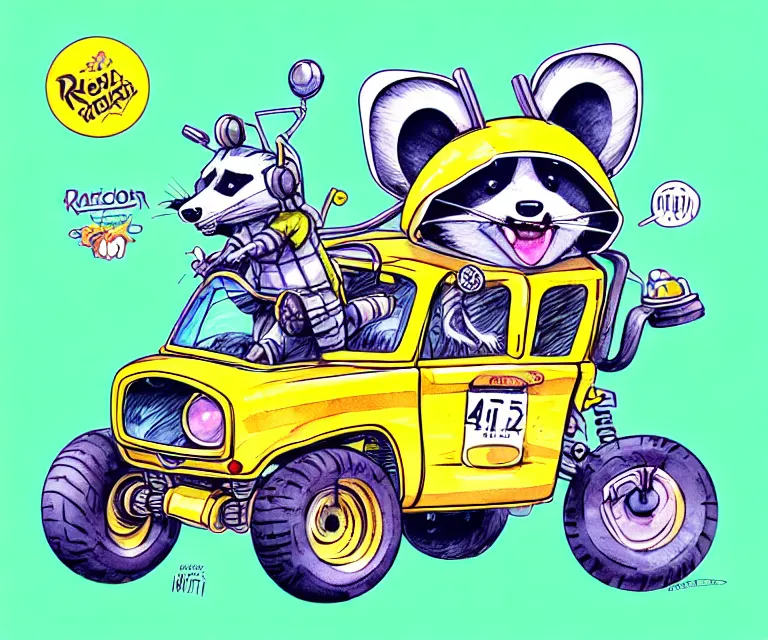 Image similar to cute and funny, racoon wearing a helmet riding in a tiny 4 wheeler with oversized engine, ratfink style by ed roth, centered award winning watercolor pen illustration, isometric illustration by chihiro iwasaki, edited by range murata, tiny details by artgerm, symmetrically centered