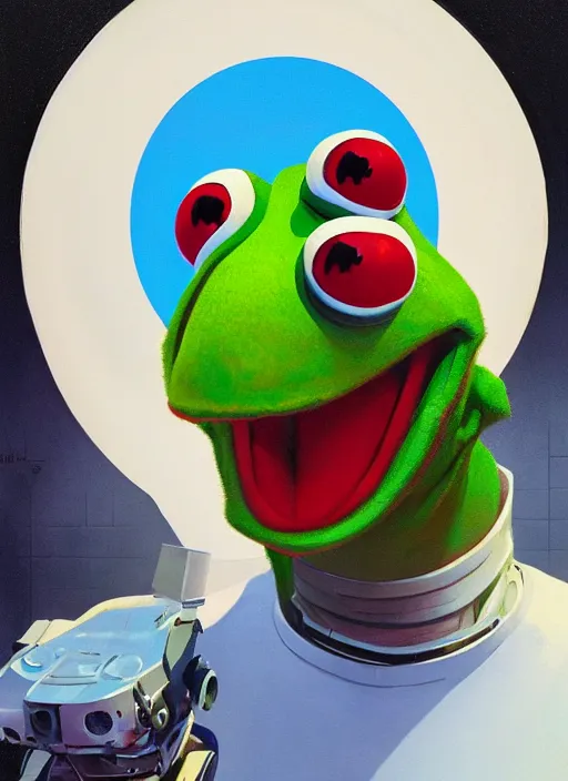 Image similar to portrait of Kermit the frog robot, detailed, coherent, painted by Edward Hopper, Wayne Barlowe, James Gilleard, airbrush, art by James Jean