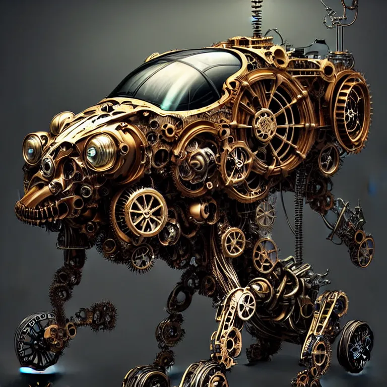 Image similar to biomechanical shiny steampunk vehicle reminiscent of very fast sportscar with robotic parts and (glowing) lights parked in ancient lush palace, gothic and baroque, brutalist architecture, ultradetailed, creepy ambiance, fog, artgerm, giger, Intricate by Ellen Jewett and Josan Gonzalez and Giuseppe Arcimboldo