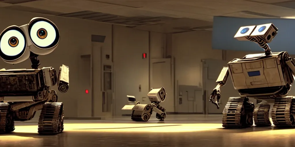 Prompt: wall - e in big datacenter shot from george lucas movie