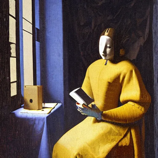 Image similar to a robot reading a book by johannes vermeer