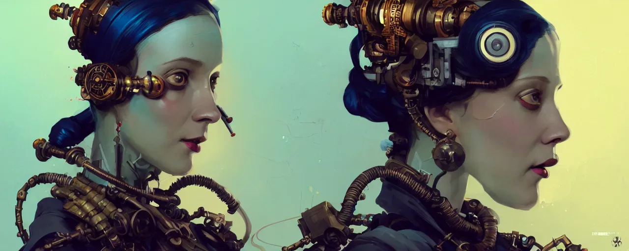 Image similar to duotone dark concept illustration 3 / 4 portrait of ada lovelace as steampunk cyborg. highly detailed mechanism cinematic lighting. fibonacci golden ratio accidental renaissance. by sachin teng and sergey kolesov and ruan jia and heng z. graffiti art, scifi, fantasy, hyper detailed. octane render. concept art. trending on artstation