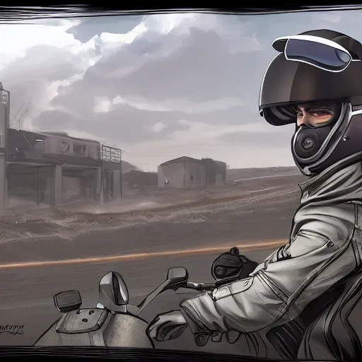 Prompt: POV of driving a motorcycle through a dystopian wasteland, with giant airpods in the sky, clouds of miasma, drab colors, by Jenks Pafroot and Williamsi Williamson, concept art, detailed style