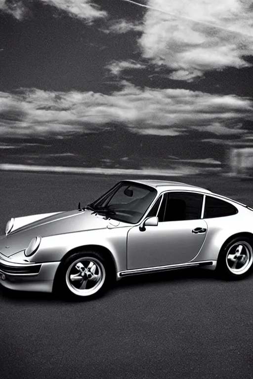 Prompt: Photo of a silver Porsche 911 Carrera 3.2, daylight, dramatic lighting, award winning, highly detailed, wide shot, 1980s Versace ad, Fashion photography, fine art print.