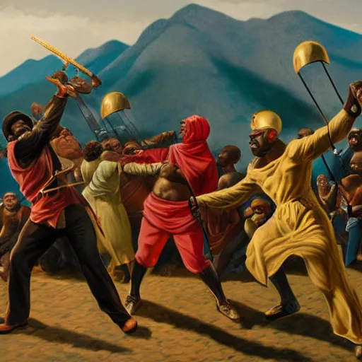 Image similar to black person with golden mace in hands fighting lenin in mountains, photorealistic