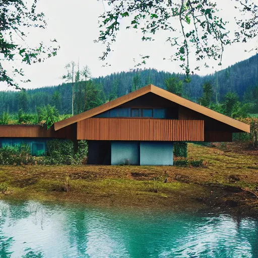 Image similar to wes anderson style modern futuristic house near the lake and forest, cinematic, realism, photo, hd