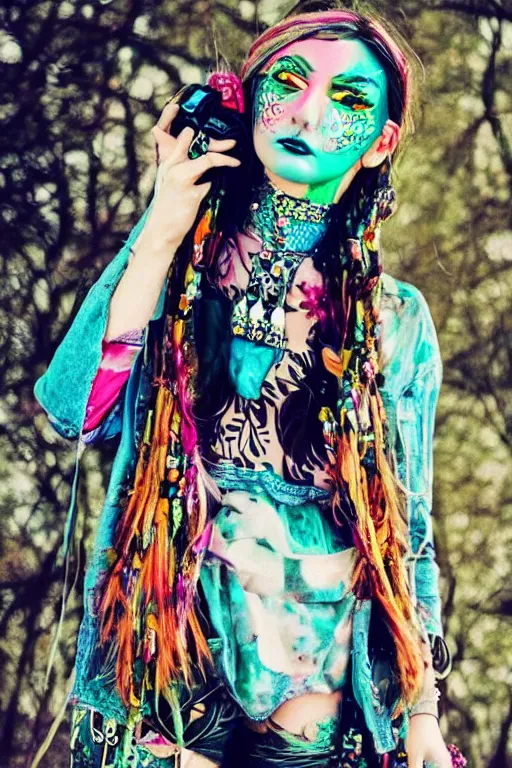 Prompt: floral patterned bohemian boho soft grunge tumblr jet set radio 9 0 s cyber fashion teen outfit, music festival geometric face makeup, fantasy mystical zine photography, full body shot layered clothes, surrounded by mythical beast creatures