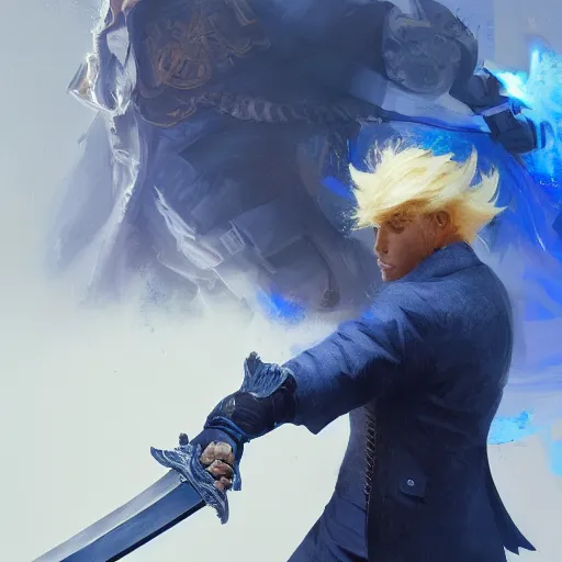 Image similar to a man with blonde hair in a blue suit wielding a large sword and a gun in a holster, fantasy, digital painting, volumetric light, intricate, sharp, focus, bloom, illustration, highly detailed, concept art, matte, ruan jia, randy vargas, greg rutkowski