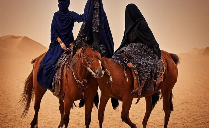 Image similar to beautiful burqa's woman, riding a horse!!! in saharan, sharp eyes, handling riffle on chest, shooting pose, perfect posture, dust, cinematic, dynamic pose, pinterest, center of interest, very perfect object, award winning photo by national geographic