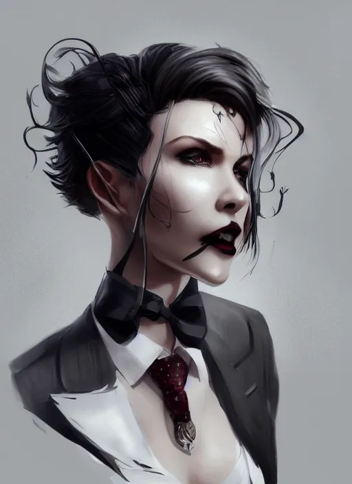 Image similar to a highly detailed illustration of beautiful short black messy haired woman wearing eyepatch and noir style suit and tie, dramatic smiling pose, intricate, elegant, highly detailed, centered, digital painting, artstation, concept art, smooth, sharp focus, league of legends concept art, WLOP