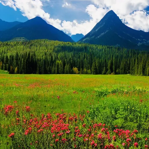 Prompt: beautiful meadows with a mountain range in the background