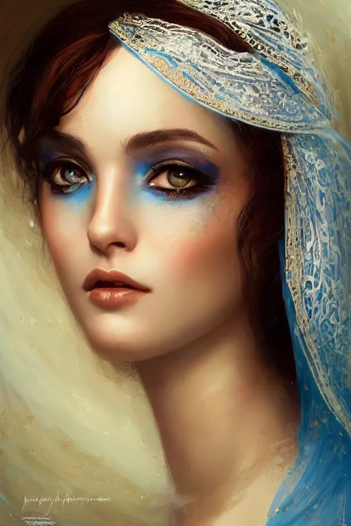 Image similar to arab ameera al taweel, bright blue eyes, long wavy black hair, white veil, front closeup, cinnamon skin color, elegant, highly detailed, centered, oil painting, artstation, concept art by tom bagshaw