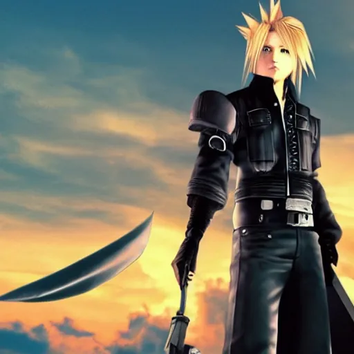 Image similar to Cloud Strife (1997) from Final Fantasy 7, GTA Cover Art, 4k 1080p,