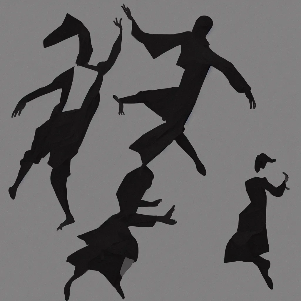 Image similar to a photorealistic illustration of a man dancing in a black Issey Miyake dress