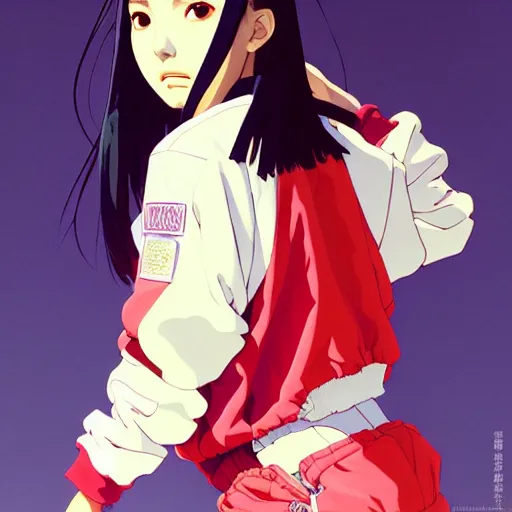 Image similar to a beautiful japanese natalie portman gravure model, wearing oversized native designer bomber jacket and leotard with overalls, bulky poofy bomber jacket with mesoamerican patterns, mesoamerican native street fashion, gapmoe yandere grimdark, trending on pixiv fanbox, painted by greg rutkowski makoto shinkai takashi takeuchi studio ghibli, akihiko yoshida