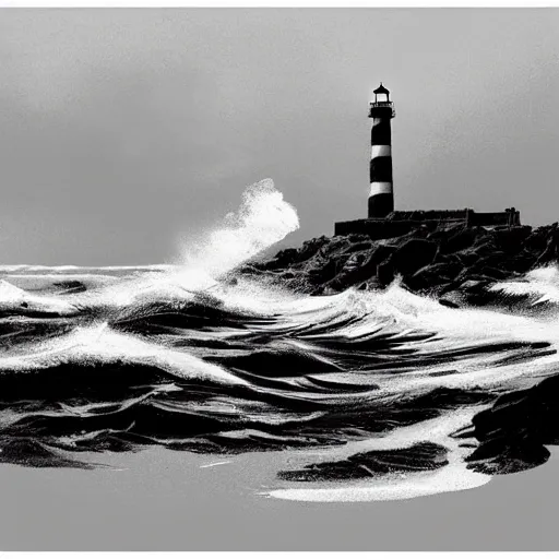 Image similar to lighthouse, ocean, two loons, crashing waves, light, black and white, tattoo art, dramatic lighting, illustration by Greg rutkowski, yoji shinkawa, 4k, digital art, concept art, trending on artstation