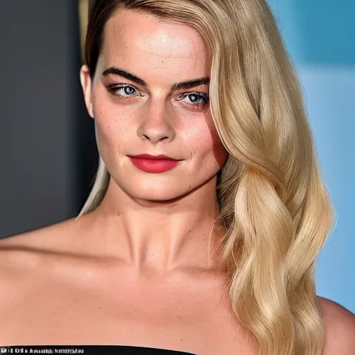 Image similar to a woman who is a genetic combination of margot robbie and emma watson face and upper - body focus