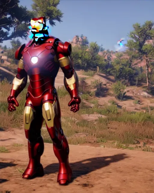 Image similar to robust, bulky and muscular iron man suit in red dead redemption 2, cinematic, photorealistic