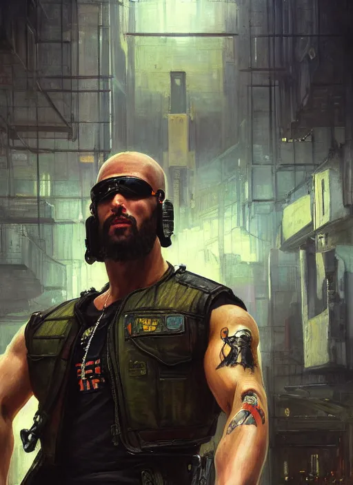 Image similar to big mike. cyberpunk meathead wearing a military vest and combat gear. (Cyberpunk 2077, bladerunner 2049). Iranian orientalist portrait by john william waterhouse and Edwin Longsden Long and Theodore Ralli and Nasreddine Dinet, oil on canvas. Cinematic, hyper realism, realistic proportions, dramatic lighting, high detail 4k