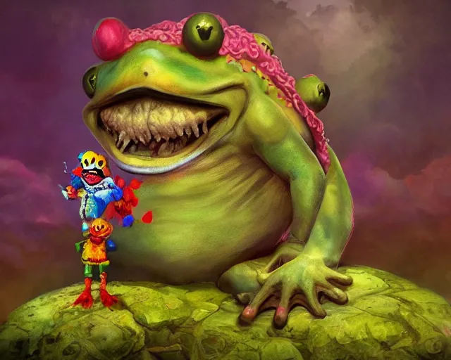 Prompt: The Clown Frog King looks down from the clown castle at a furious battle below, king pepe with rainbow wig, painting by Frank Frazetta, 3D render by Beeple