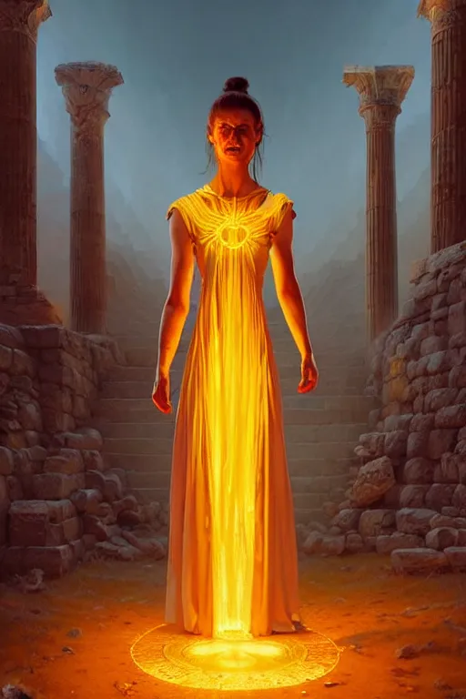 Image similar to possessed woman wearing an ancient greek tunic made of yellow paper, stephen bliss, unreal engine, fantasy art by greg rutkowski, rhads, ferdinand knab, makoto shinkai and lois van baarle, ilya kuvshinov, rossdraws, tom bagshaw, global illumination, radiant light, ancient greek temple ruins, red and blue theme