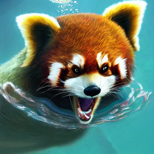 Image similar to commissioned portrait of a furry anthro female red panda scuba diving underwater, painted todd lockwood, jeff easley, greg rutkowski, james gurney, artgerm, digital art, trending on artstation