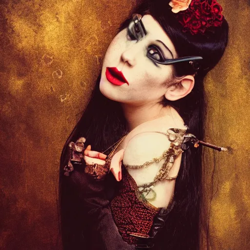 Prompt: A beautiful portrait of a lady vampire, steampunk, photography, 35mm, soft light, cinematic, klimt