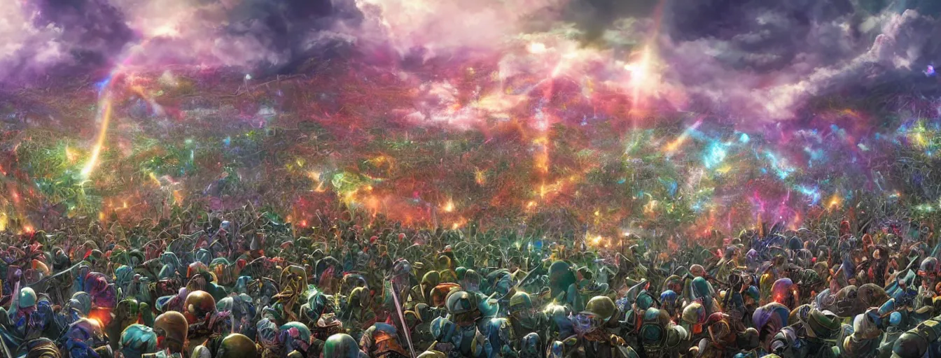 Prompt: a zoomed out panoramic view an army of rainbow soul army calvary screaming into the battlefield. hyperrealistic anime background illustration by irakli nadar, colorful, extremely detailed intricate linework, smooth, super sharp focus, bright colors, high contrast, matte, octopath traveler, unreal engine 5 highly rendered, global illumination, radiant light