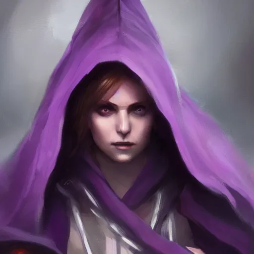 Image similar to full body, female warlock long hood cloak purple and a beautiful face, fighting monster with magic, 8 k, trending on artstation by tooth wu and greg rutkowski