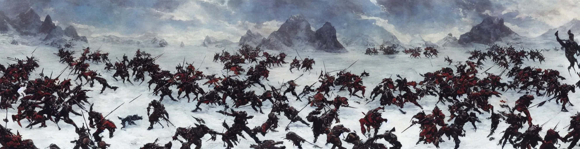 Prompt: panoramic battle of the knights on the frozen lake by Frazetta