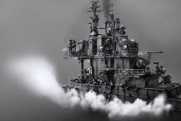 Prompt: steampunk dreadnought battleship sinking with water rushing the deck, puffs of smoke, bird's eye view, wide shot, 4k high res, 120 black and white film