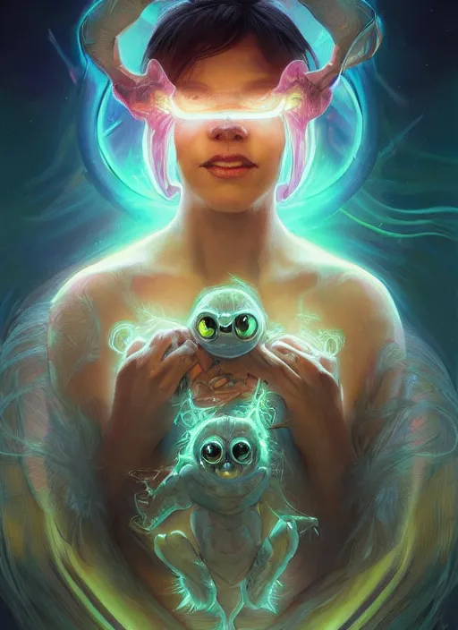 Image similar to three quarters portrait of a bioluminiscent baby creature with big glowing eyes, highly detailed, digital painting, cinematic, hyper realism, dark retrowave, art by Stanley Lau and Artgerm and magali villeneuve and Alphonse Mucha, artstation, octane render, cgsociety
