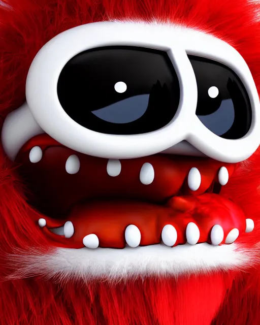 Image similar to 3 d render of completely red hairy friendly monster smiling wearing chrome shades, simple, cute, cartoony, white background, unreal engine 5 hdr