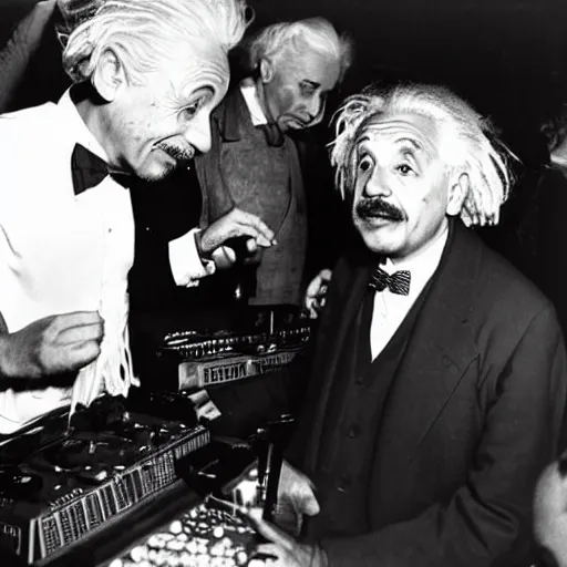 Image similar to A photograph of Albert Einstein DJ at a nightclub