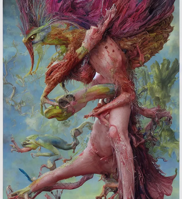 Prompt: elle fanning as a brightly colored harpy with wet mutated skin. she is trying on a amphibian alien suit. by tom bagshaw, donato giancola, hans holbein, walton ford, gaston bussiere, peter mohrbacher, brian froud and iris van herpen. 8 k, cgsociety