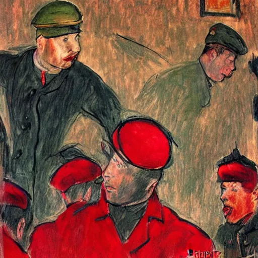 Image similar to modern red berets soldiers inside of a pub, painting by toulouse - lautrec, soldiers wearing tactical clothing, 2 1 st century, cinematic, award winning