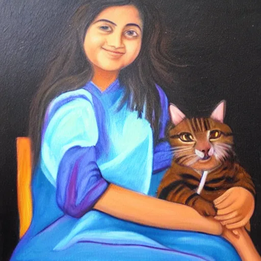 Prompt: oil painting of Isha jain with a cat in her hostel