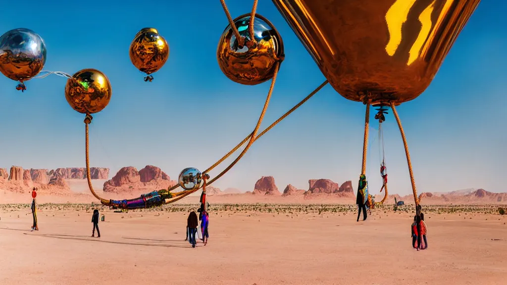 Image similar to large colorful futuristic space age metallic steampunk balloons with pipework and electrical wiring around the outside, and people on rope swings underneath, flying high over the beautiful ancient desert city landscape, professional photography, 8 0 mm telephoto lens, realistic, detailed, photorealistic, photojournalism