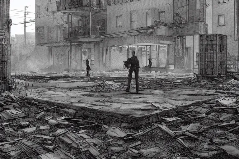Prompt: detailed ultra - realistic graphic novel illustration of postapocalyptic abandoned schoolyard by edward hopper and gregory crewdson, cinematic, full shot, ian miller, wayne barlowe, greg rutkowski