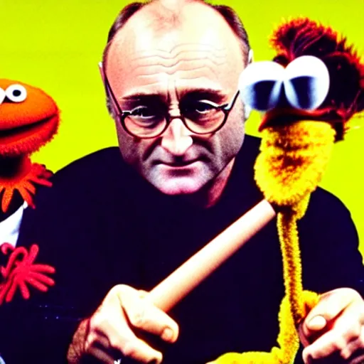 Image similar to !dream a beautiful photo of Phil Collins as a Muppet, playing drums,