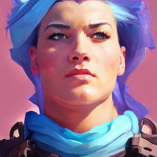 Image similar to greg manchess portrait painting zarya from overwatch, medium shot, asymmetrical, profile picture, organic painting, sunny day, matte painting, bold shapes, hard edges, street art, trending on artstation, by huang guangjian and gil elvgren and sachin teng