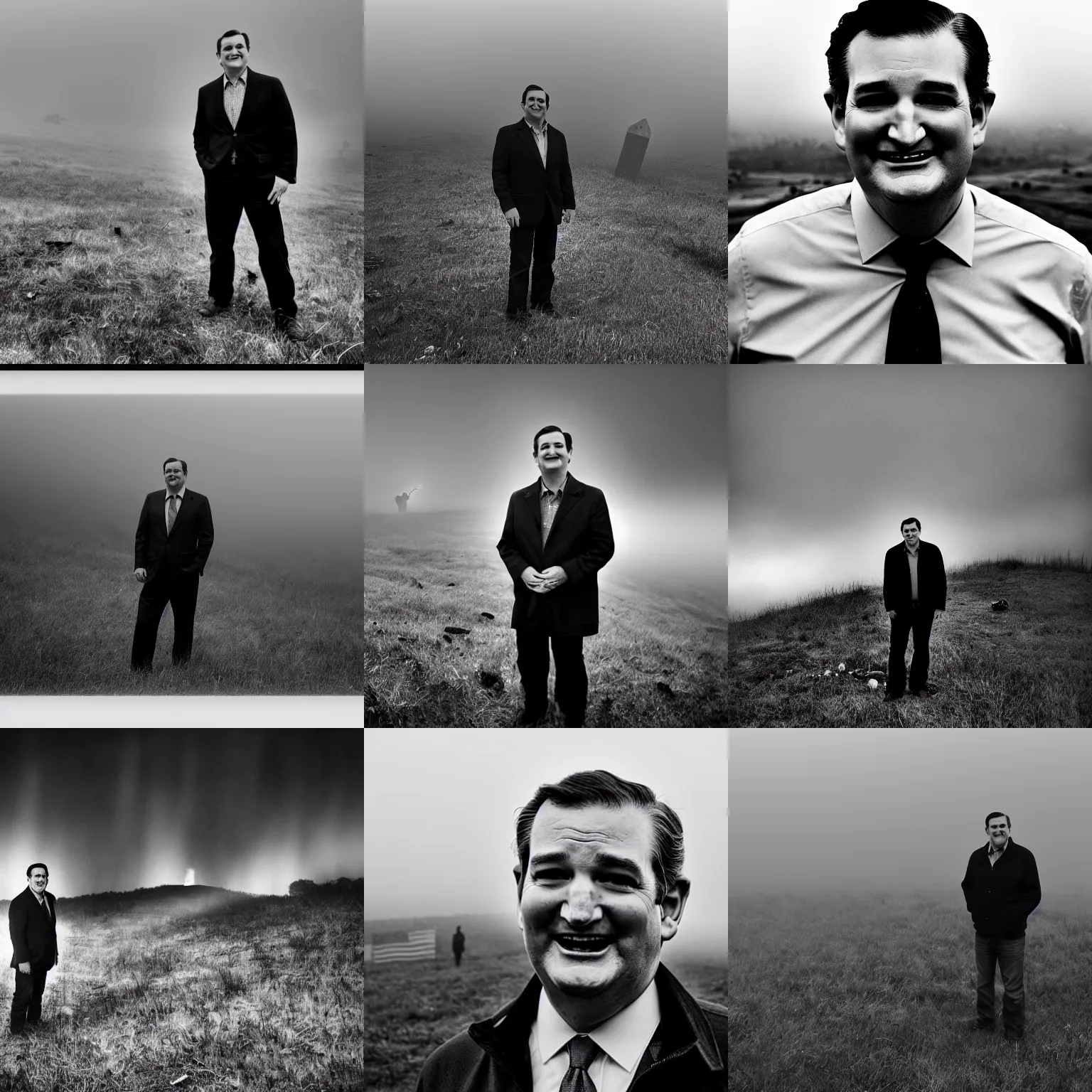 Prompt: Ted Cruz with a wide grin standing on a hill with a dead bodies in the background, black and white, creepy lighting, foggy atmosphere, scary, horror, ornate, eerie, fear