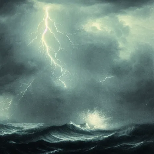 Image similar to gigantic skyscaper standing alone in a giant sea, storm, thunder, dark, art