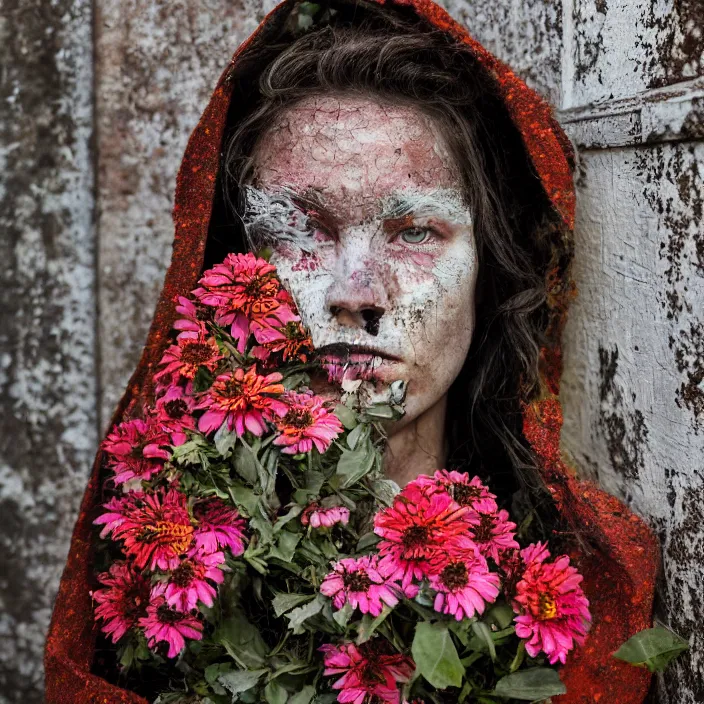 Image similar to a closeup portrait of a woman wearing a hooded cloak made of zinnias and barbed wire, in a derelict house, detailed face, CANON Eos C300, ƒ1.8, 35mm, 8K, medium-format print