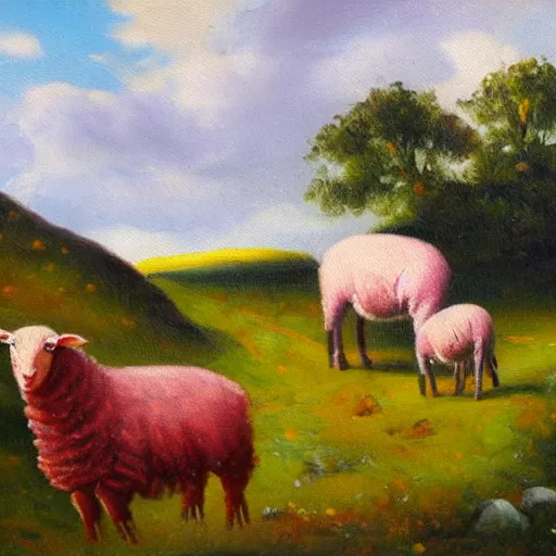 Prompt: multicolored sheep in irish landscape, oil painting