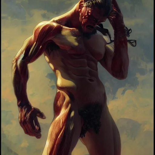 Prompt: a still of Leonardo DiCaprio as flesh human eater red inner muscles Titan in Attack on Titans, (Attack on Titans anime), sigma male, accurately portrayed, portrait art by alphonse mucha and greg rutkowski, highly detailed, digital painting, concept art, trending on artstation, very detailed, smooth, sharp focus, refined, masterpiece