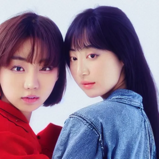 Image similar to 1990s, unbelievably beautiful, perfect, dynamic, epic, cinematic 8K HD movie shot of two semi-close-up japanese beautiful cute young J-Pop idols actresses girls, they express joy and posing together. By a Chinese movie director. Motion, VFX, Inspirational arthouse, high budget, hollywood style, at Behance, at Netflix, with Instagram filters, Photoshop, Adobe Lightroom, Adobe After Effects, taken with polaroid kodak portra